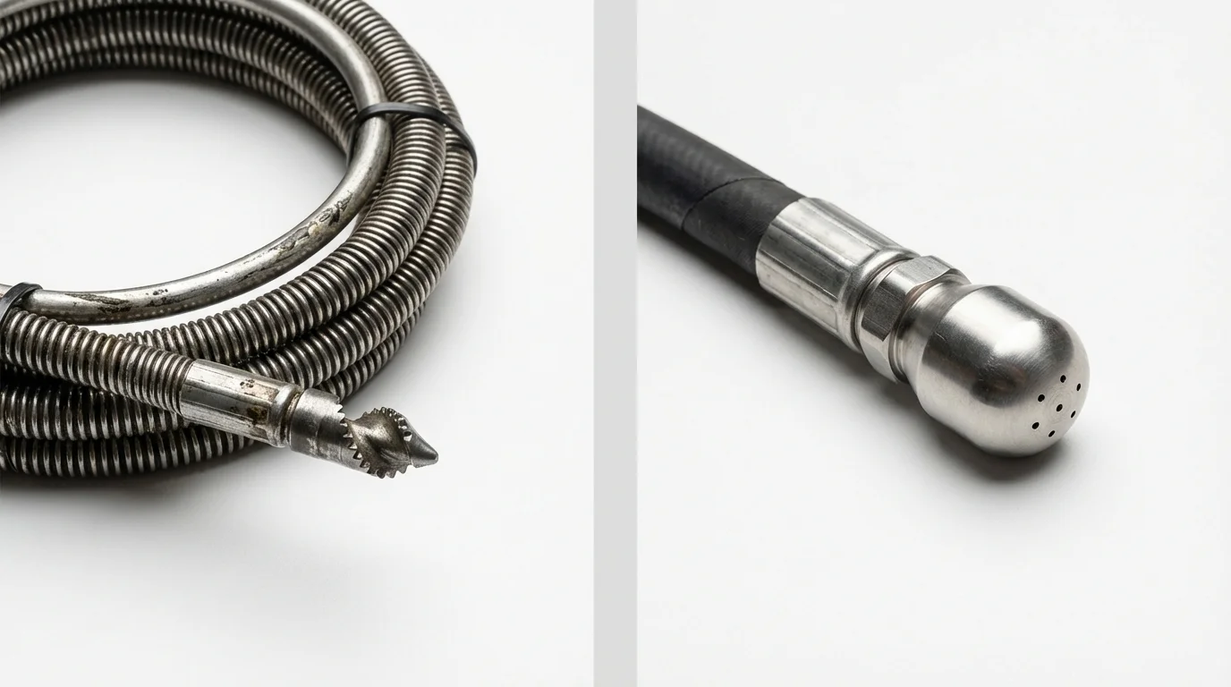 Drain snake cable and hydro jetting nozzle used for drain cleaning in Norfolk, NY