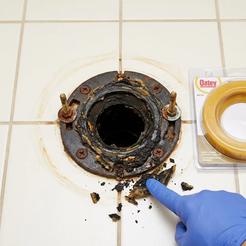 Failed wax ring showing water seepage at the base of a toilet in a Norfolk, NY home