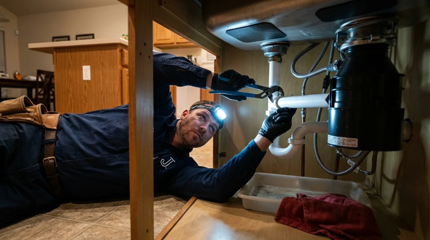 P-trap and supply line connections under a kitchen sink showing a common leak point in Norfolk, NY